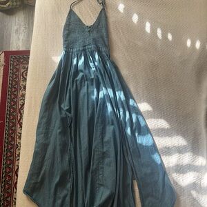 Gianni Bini blue denim flowy slit cut out halter neck dress